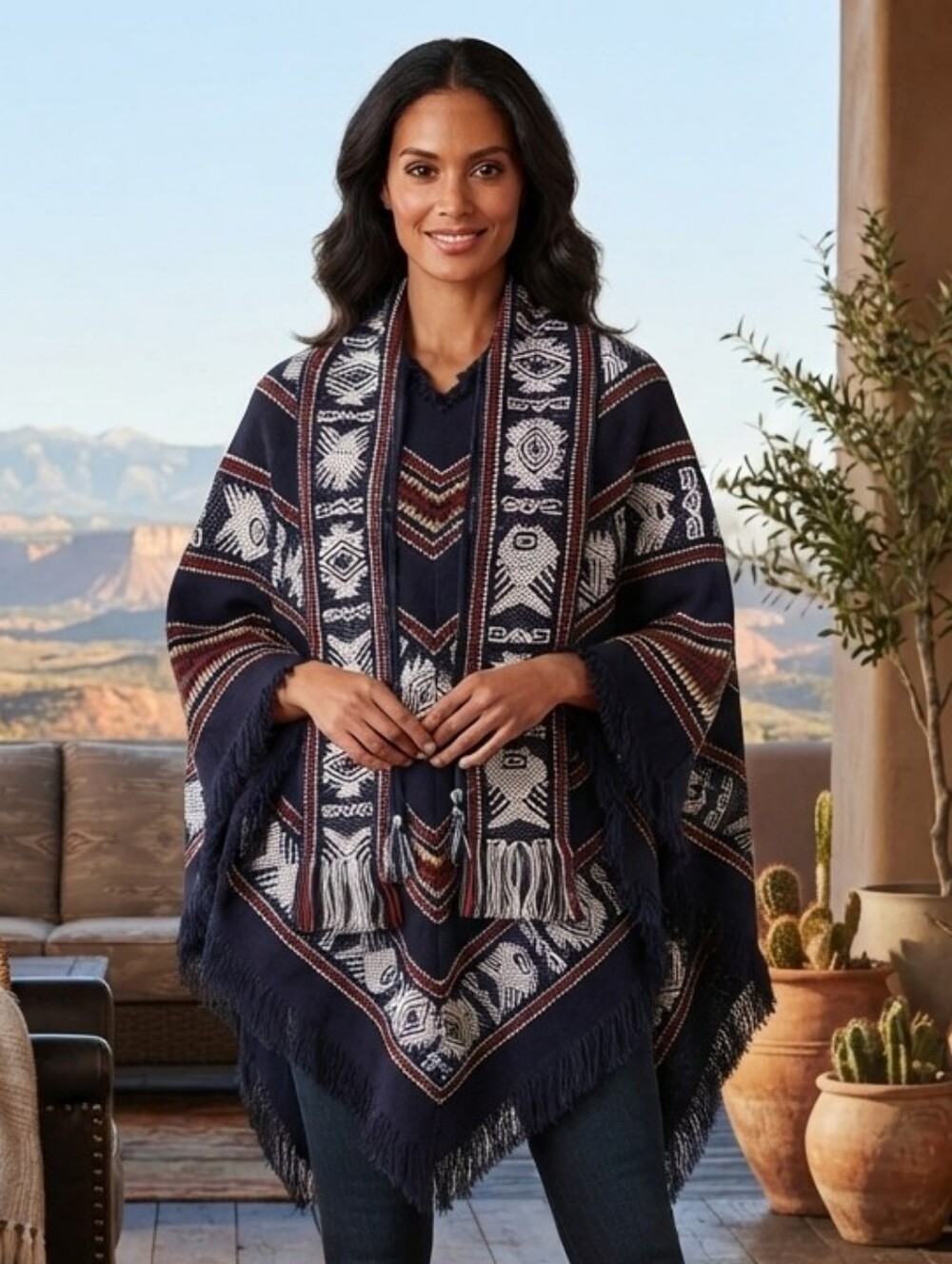 NWOT Tejidos Diaz Ecuador Ethnic Wool Poncho O/S Old Money Navajo Southwestern